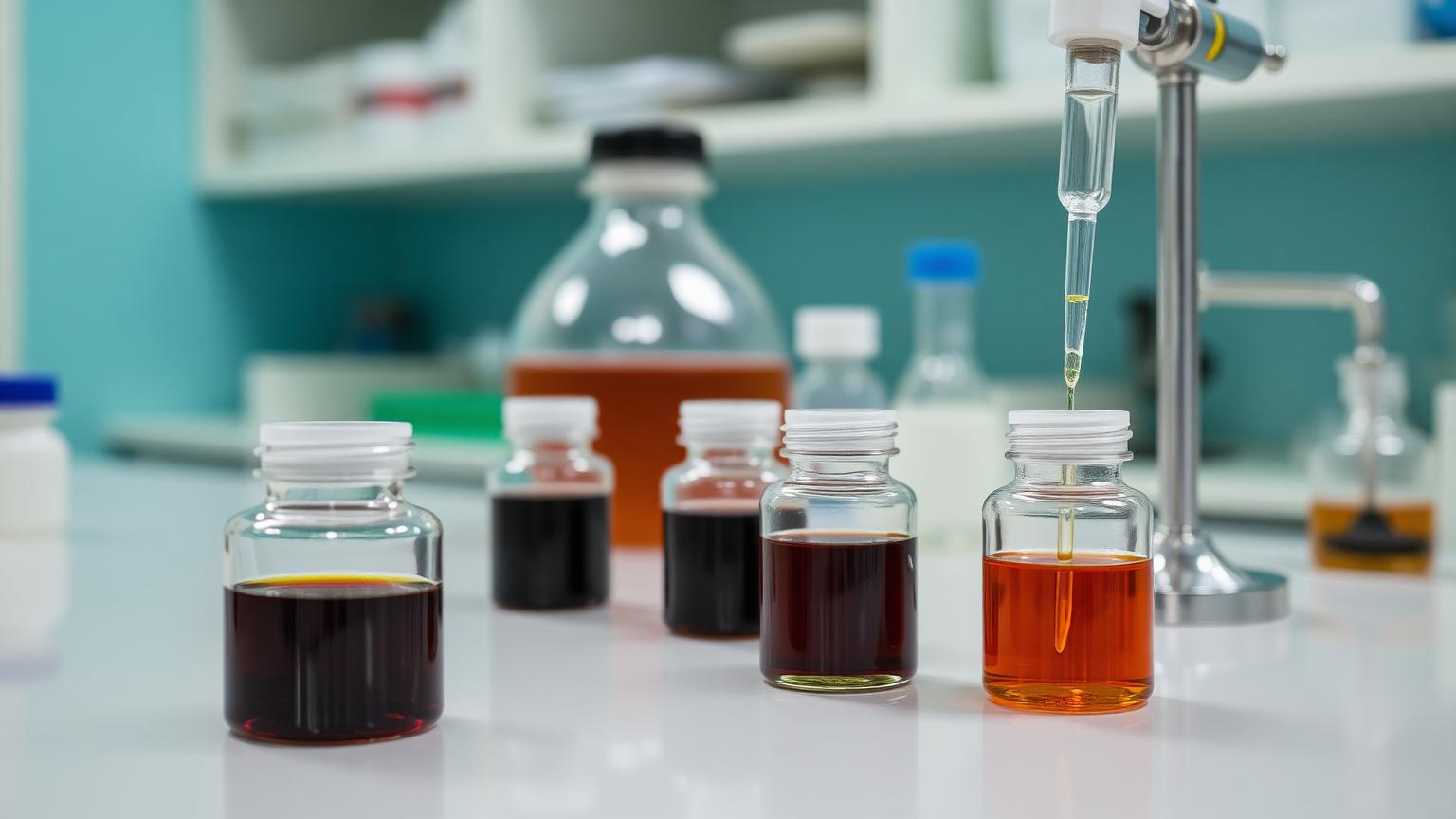Próbki olejów odpadowych w szklanych fiolkach na stole laboratoryjnym